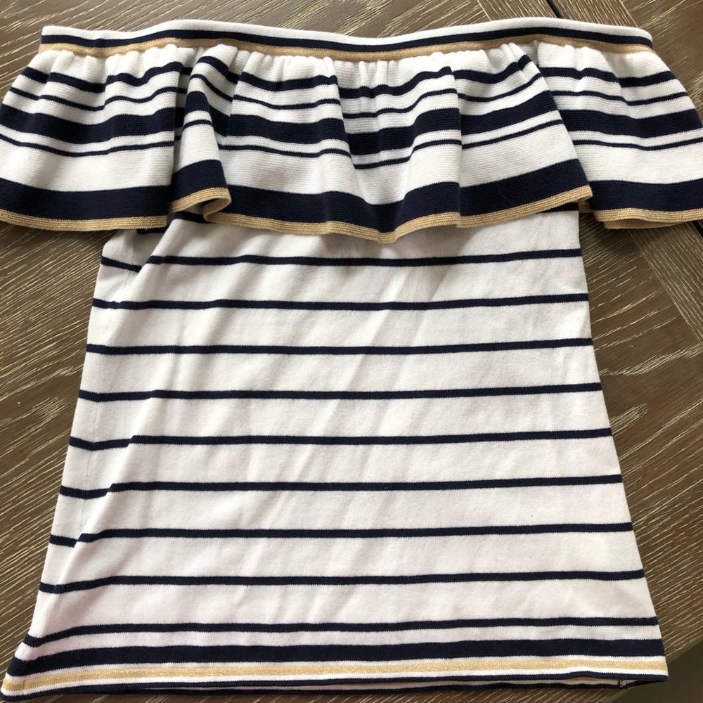Lilly Pulitzer White and Navy Striped Off-Shoulder Ruffle Top